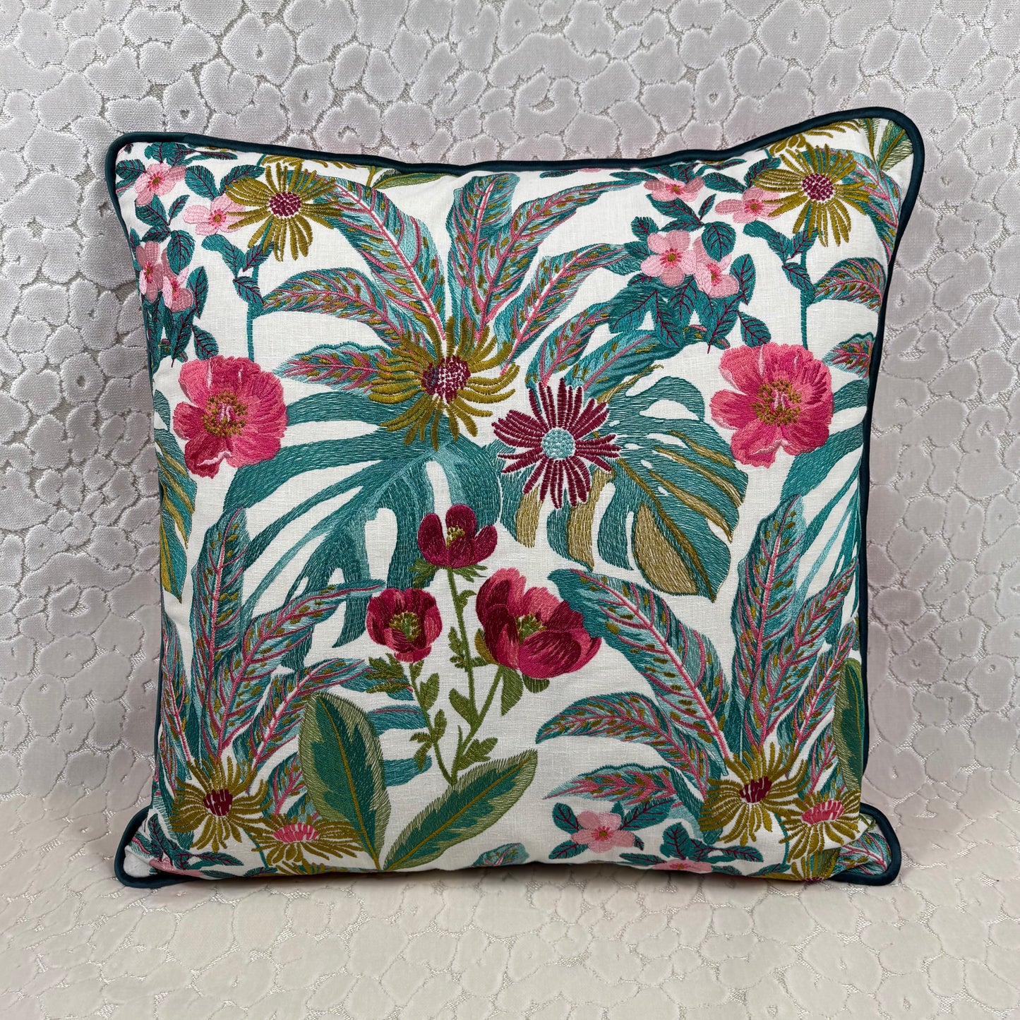 White Floral Embroidered Pillow