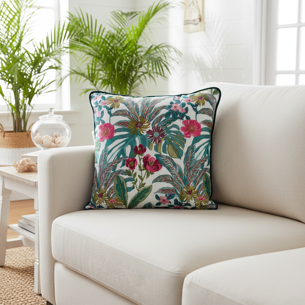 Embroidered White Floral Pillow
